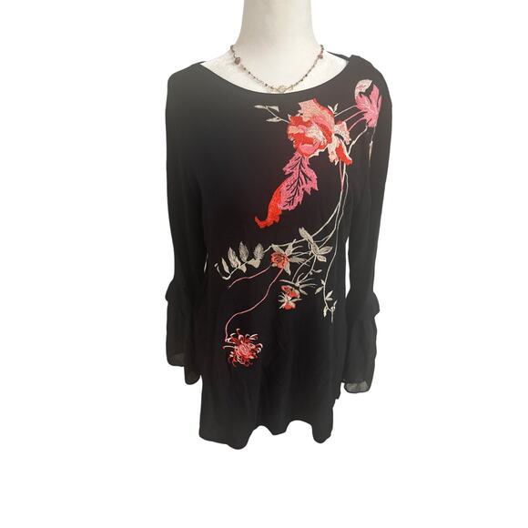 Alfani Embroidered Sheer Bell Sleeves Black Knit Blouse (Medium) - Picture 1 of 5